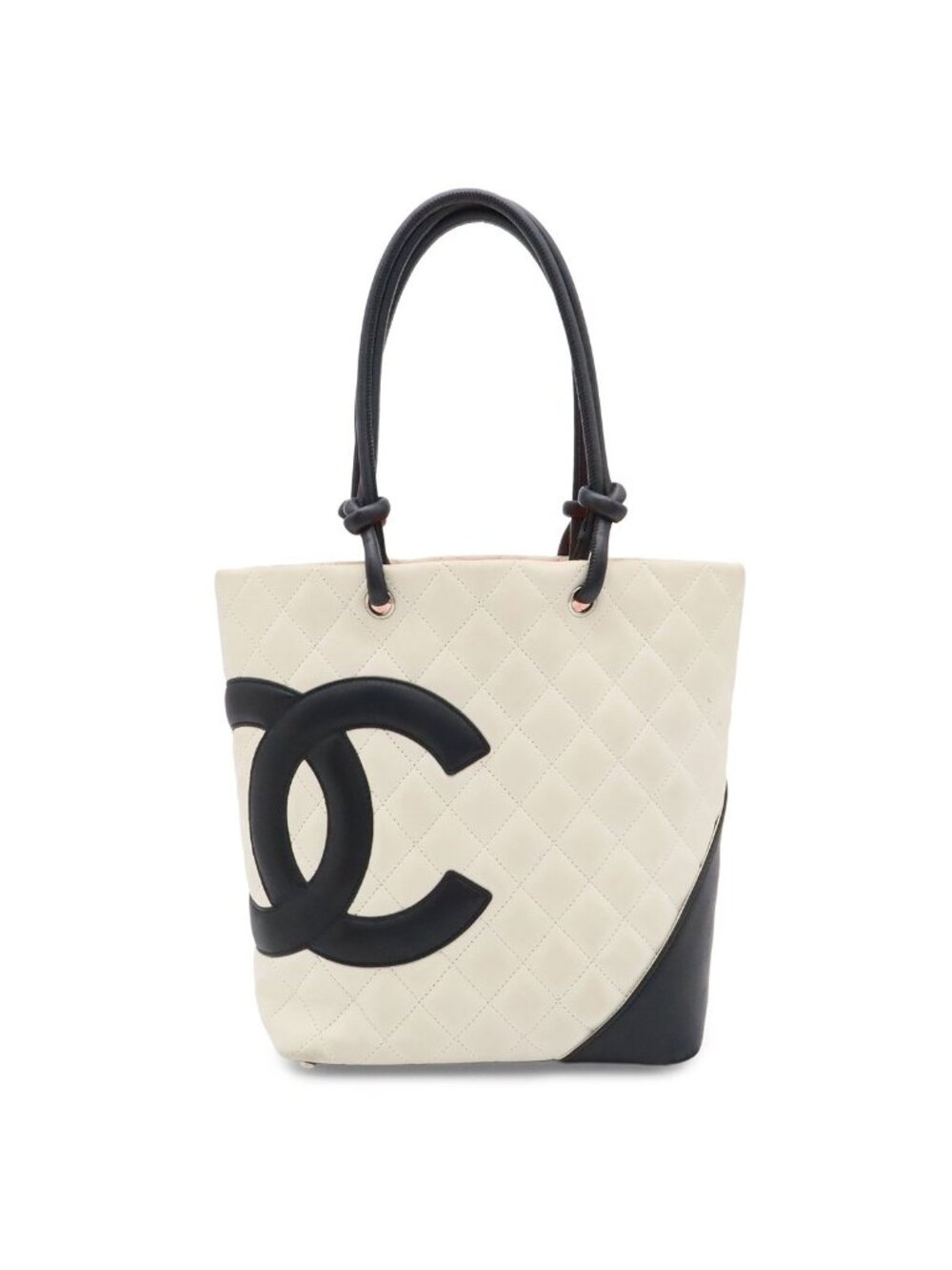 Chanel Cambon Line Medium Tote CC Logo Shoulder Bag Bicolor Soft Calfskin White